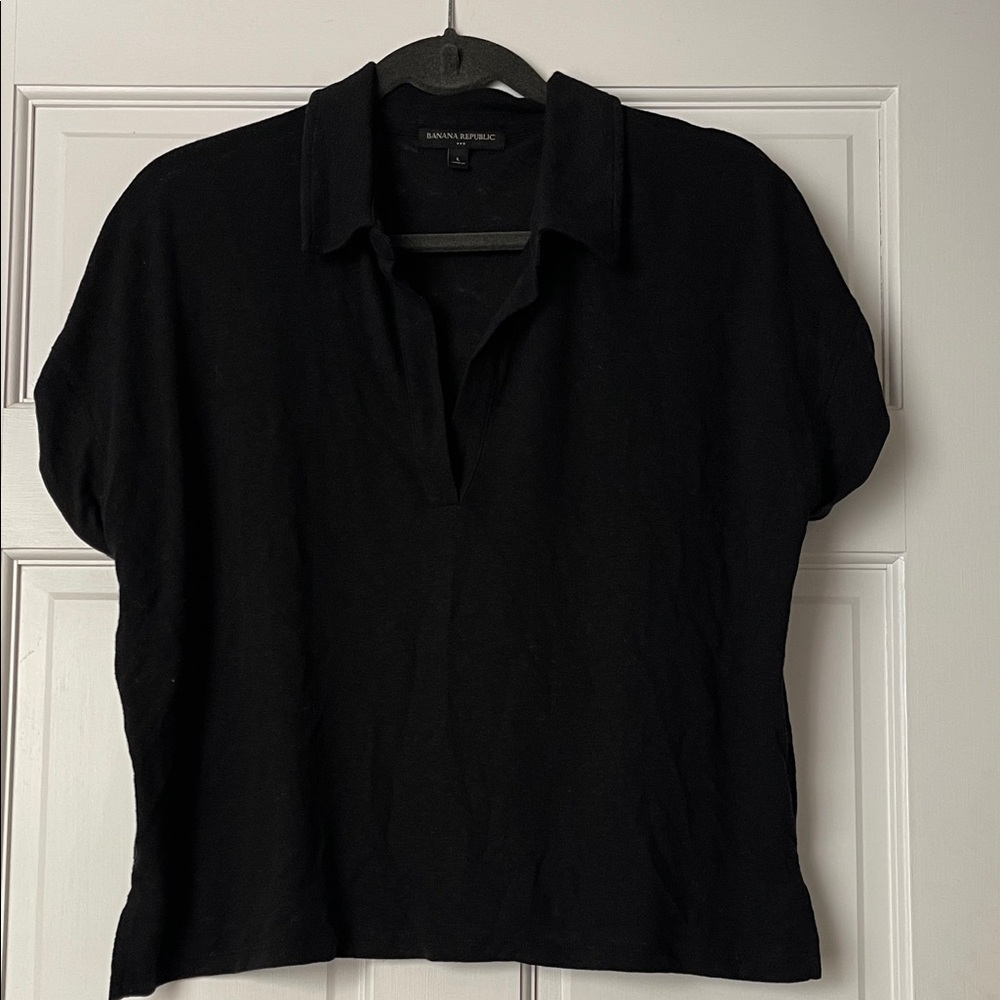 Banana Republic Black Short Sleeve Linen-Blend Johnny-Collar Polo Top